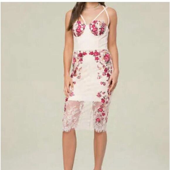 Bebe Maddie Lace Bustier Floral Embroidered Midi Dress Sheer Hem Sz 6 Whimsical - Picture 1 of 16